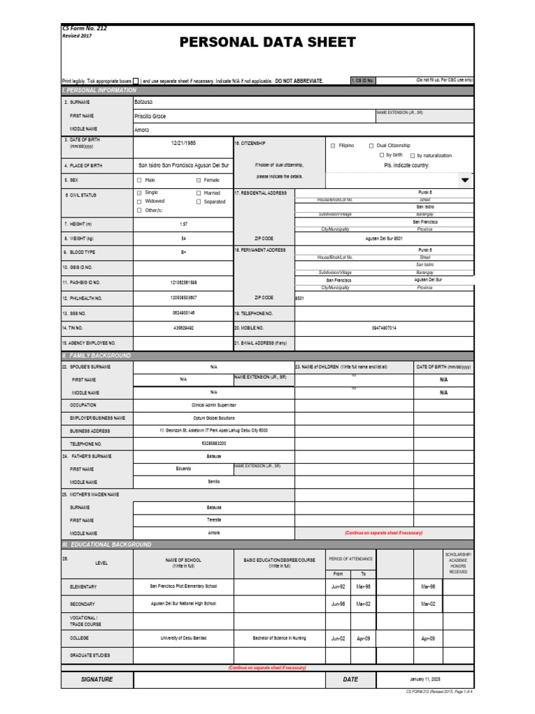 CS Form No. 212 Personal Data Sheet revised | PDF