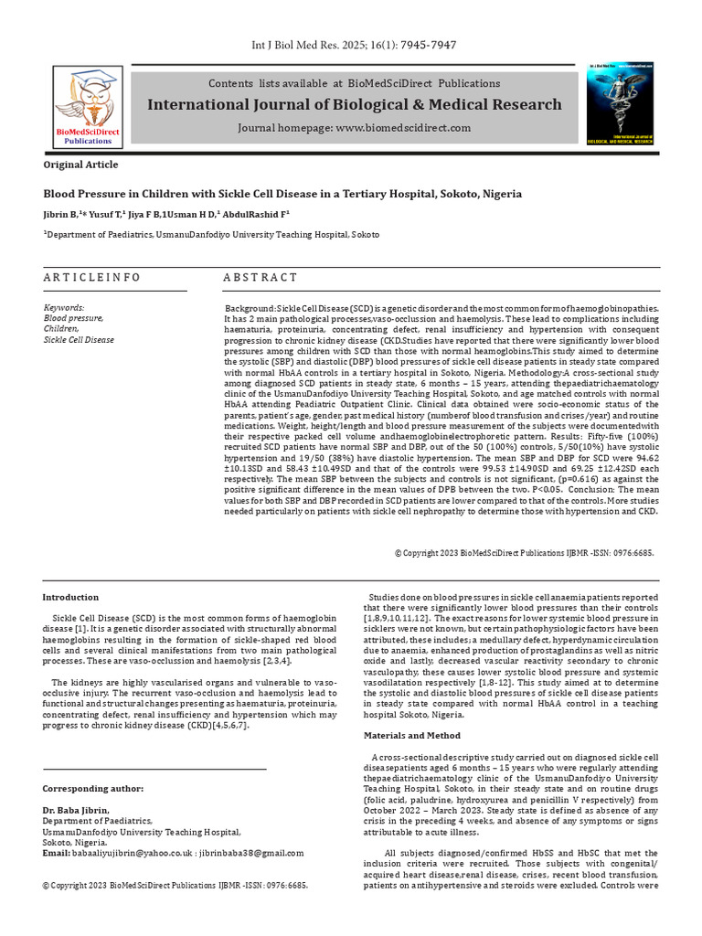 Blood Pressure in Children With Sickle Cell Disease in A Tertiary ...