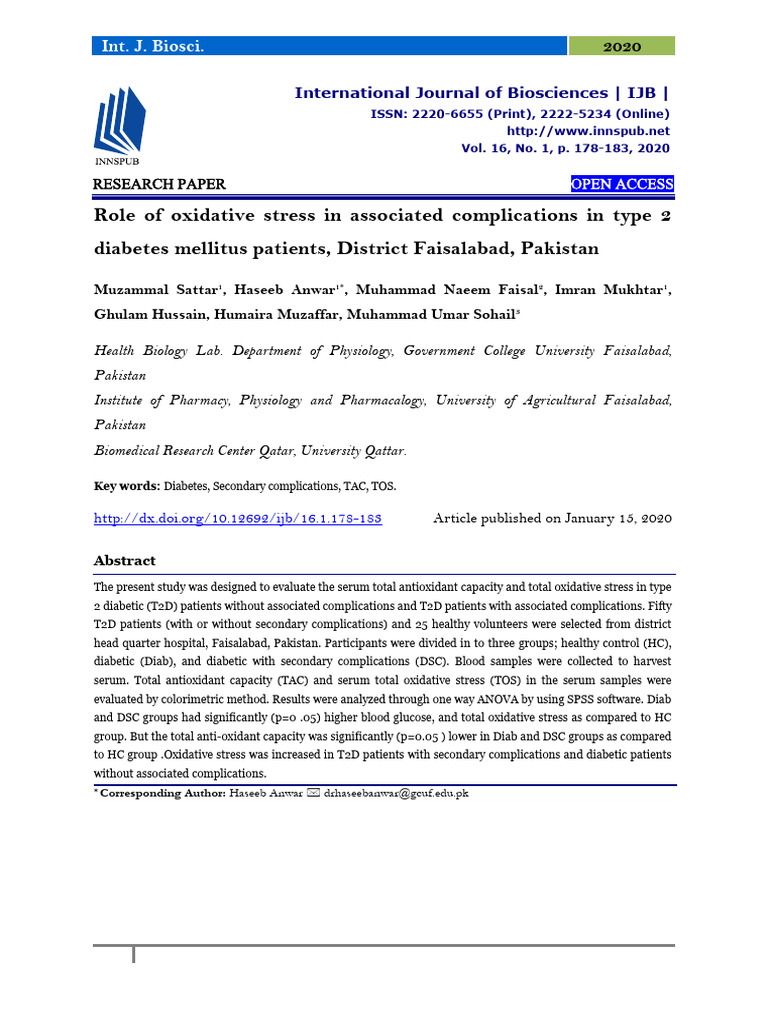 Oxidative Stress in Type 2 Diabetes Complications | PDF | Diabetes ...