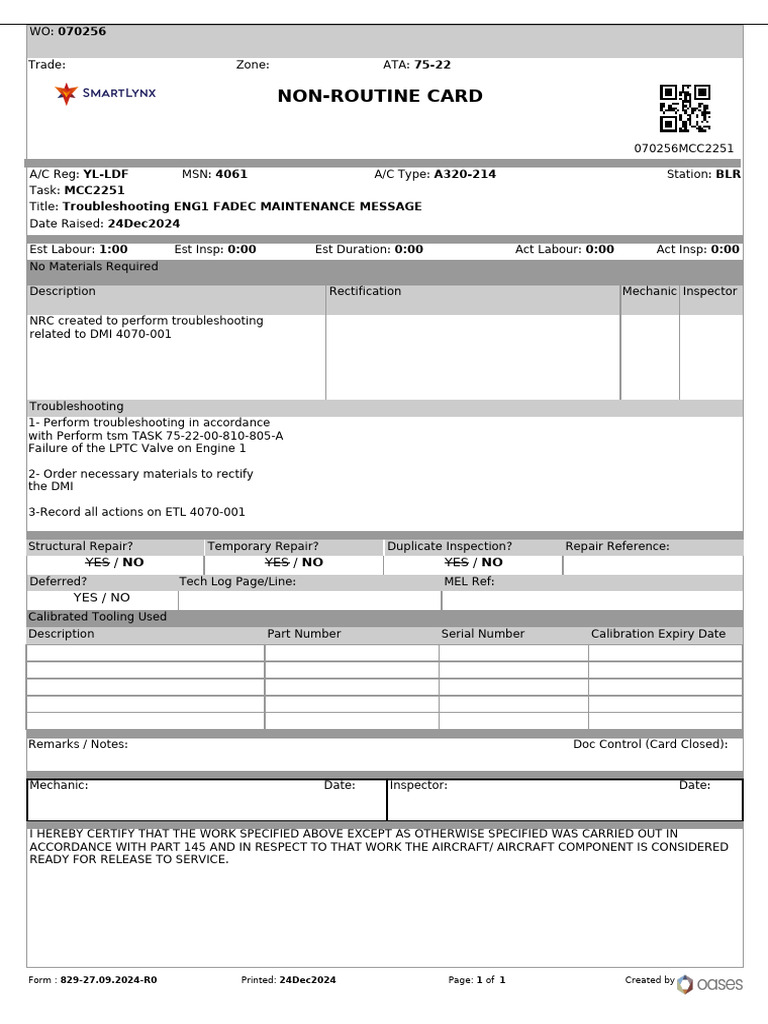 WO70256 - MCC2251 - Troubleshooting ENG1 FADEC MAINTENANCE MESSAGE - YL ...