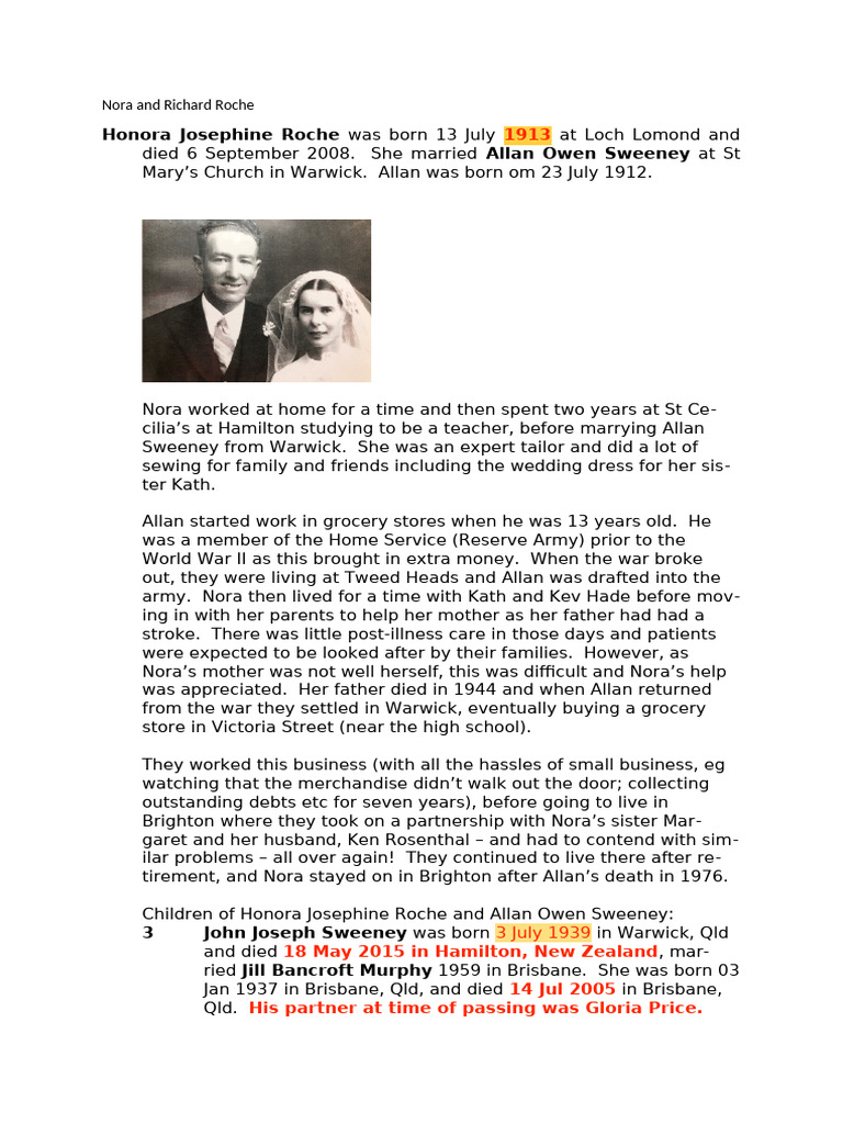 Nora and Richard Roche Family History | PDF