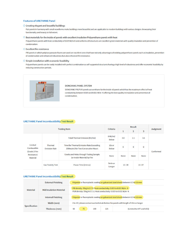 Urethane Panel TDS & Test Report - DY - 11-Mar | PDF