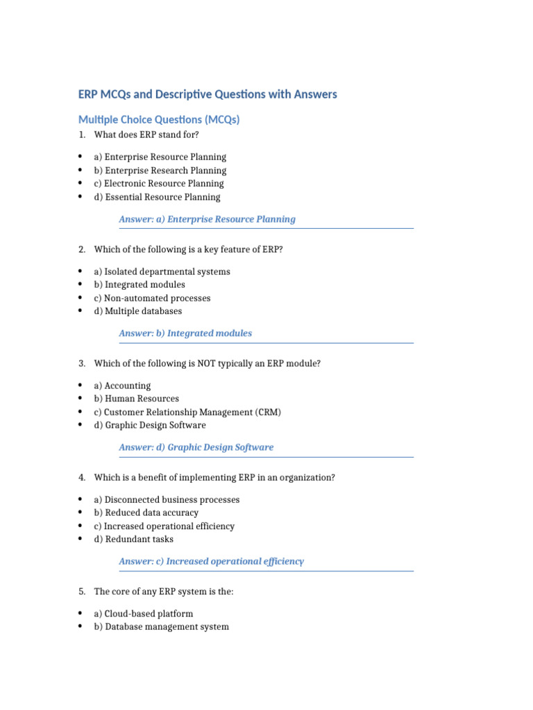 ERP MCQs and Descriptive Questions | PDF | Enterprise Resource Planning ...