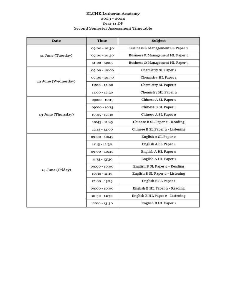Year 11 DP Assessment Timetable 2023-24 | PDF
