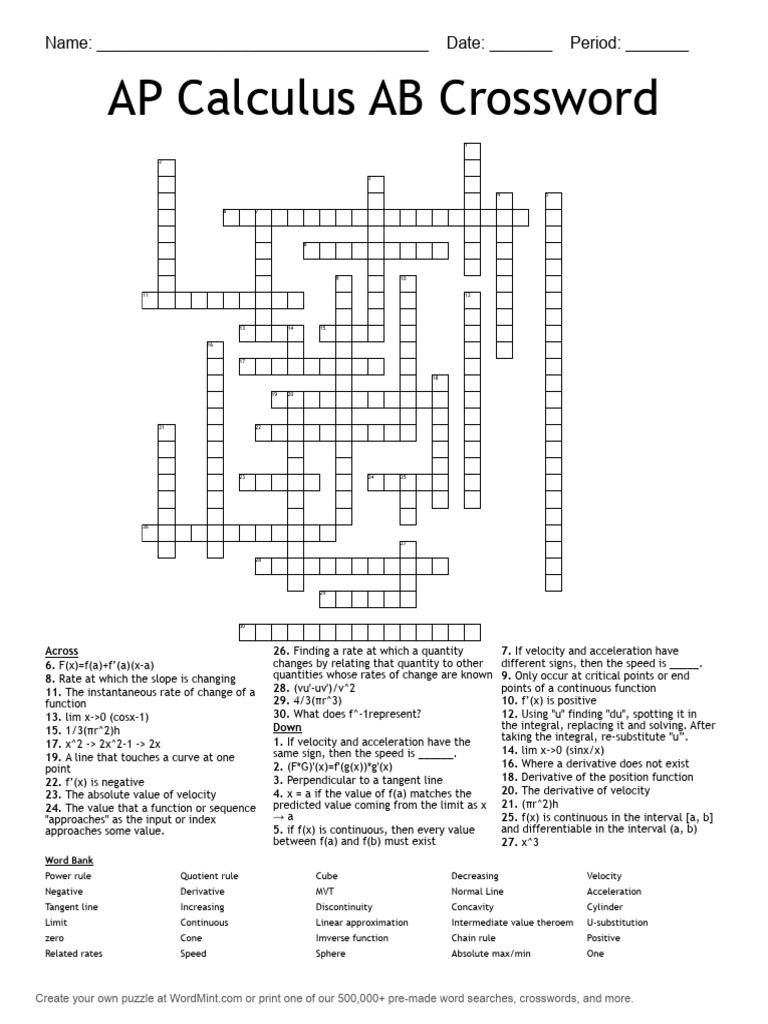 AP Calculus AB Crossword 14f4c5 6162e295 PDF Derivative Acceleration