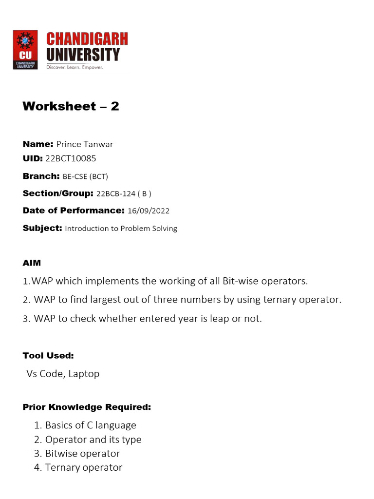 Problem Solving 22BCT10085 | PDF