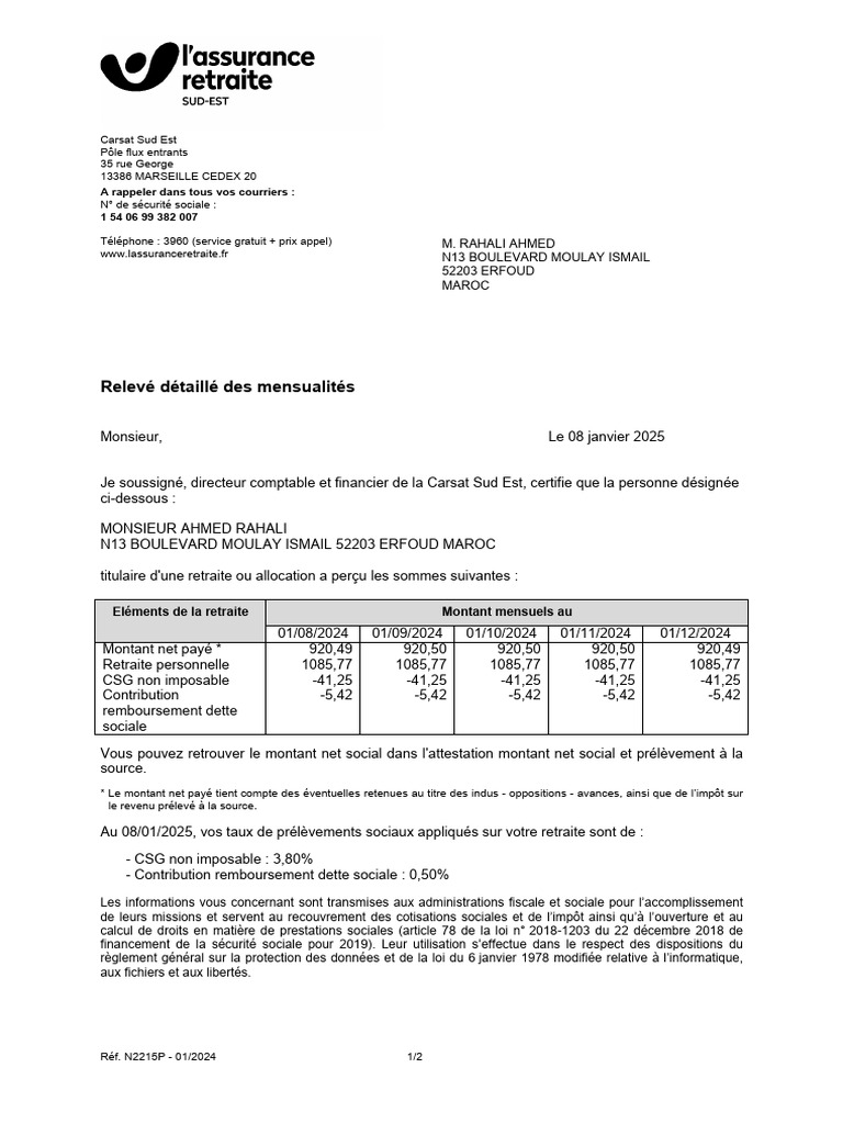 Relevé Mensuel de Retraite 2024 | PDF | Impôts | Retraite