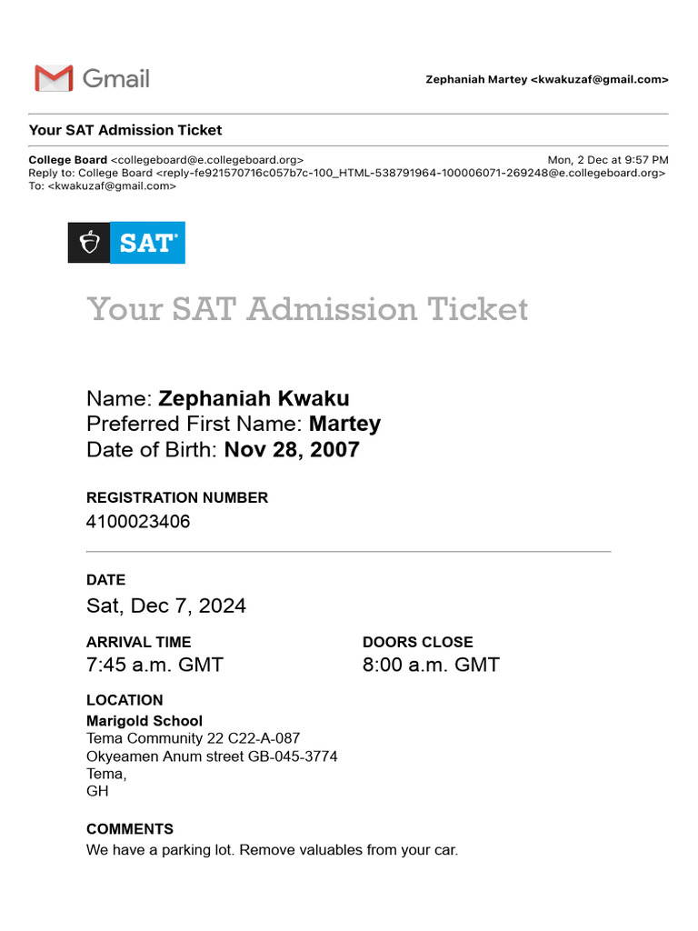 Your SAT Admission Ticket Details | PDF