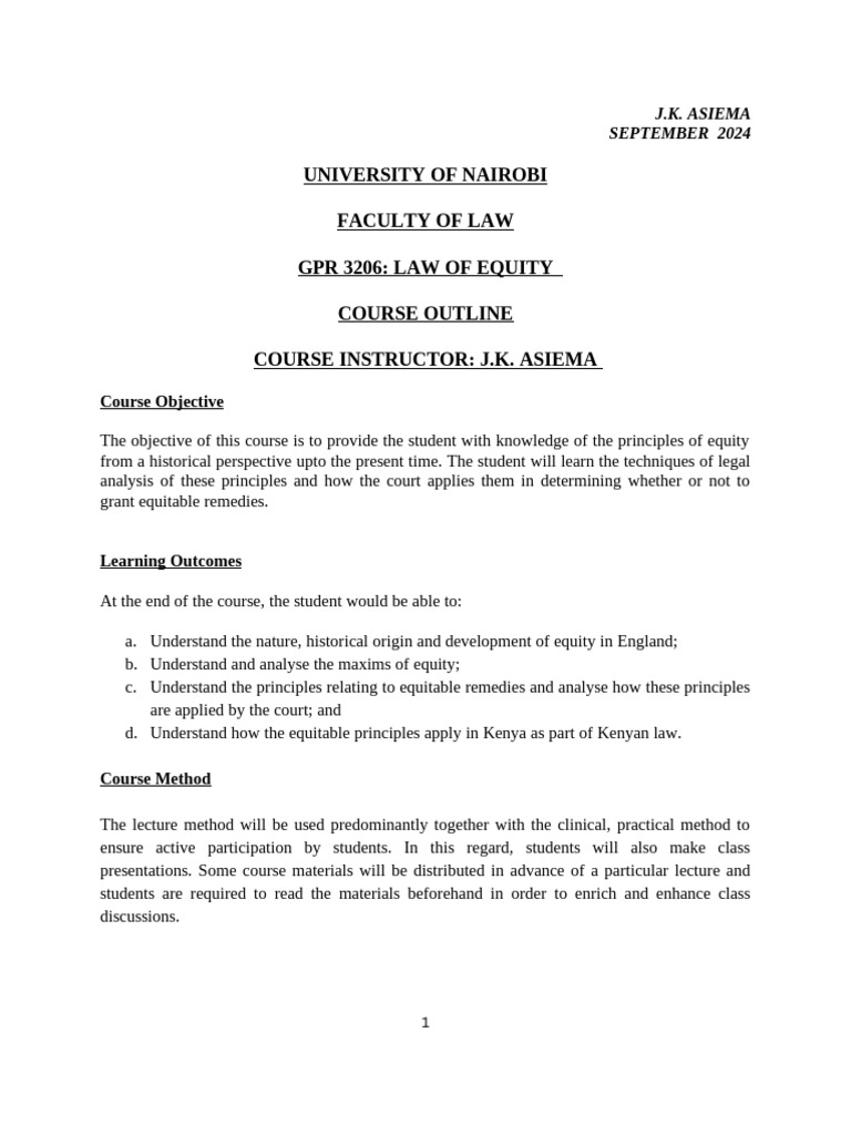 Law of Equity Course Outline | PDF | Equity (Law) | Jurisprudence