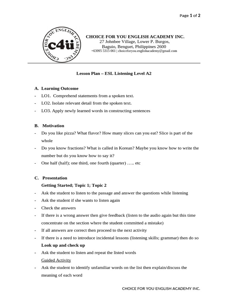 Lesson Plan ESL Listening Level A2 | PDF