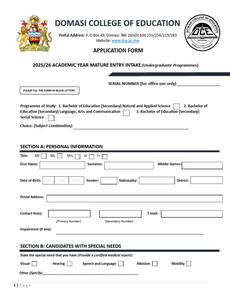 Domasi College Application Form 2025/26 | PDF | Educational Stages
