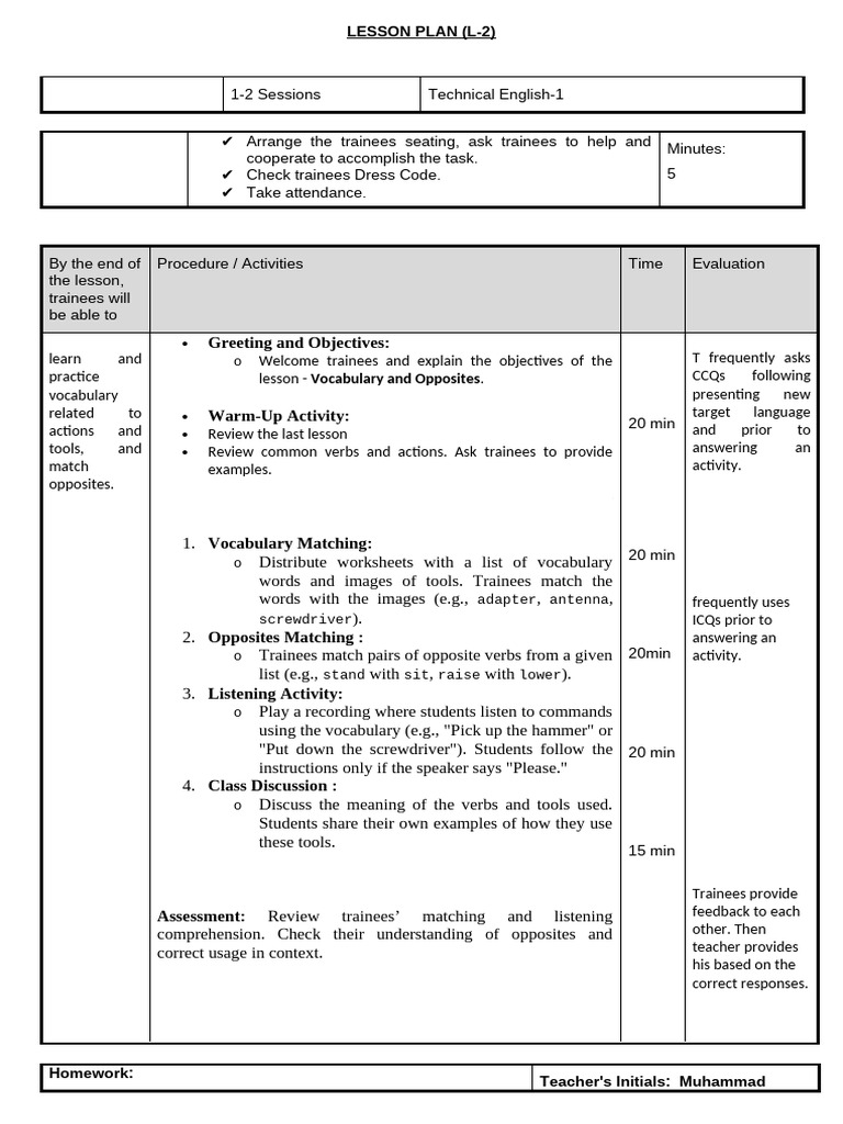 Technical English Vocabulary Lesson Plan | PDF | Vocabulary | Reading ...