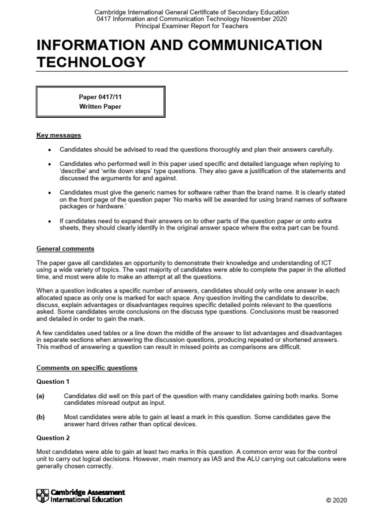 Cambridge ICT 0417 Examiner Report 2020 | PDF | Typefaces | Page Layout