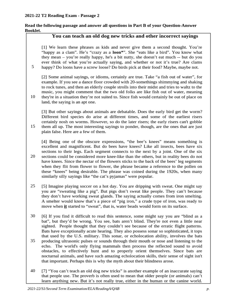 2021-22_S1_T2_Reading Exam_Passage B_You Can't Teach an Old Dog New ...