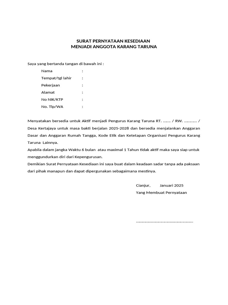 Surat Kesediaan Menjadi Pengurus Karangtaruna RT | PDF