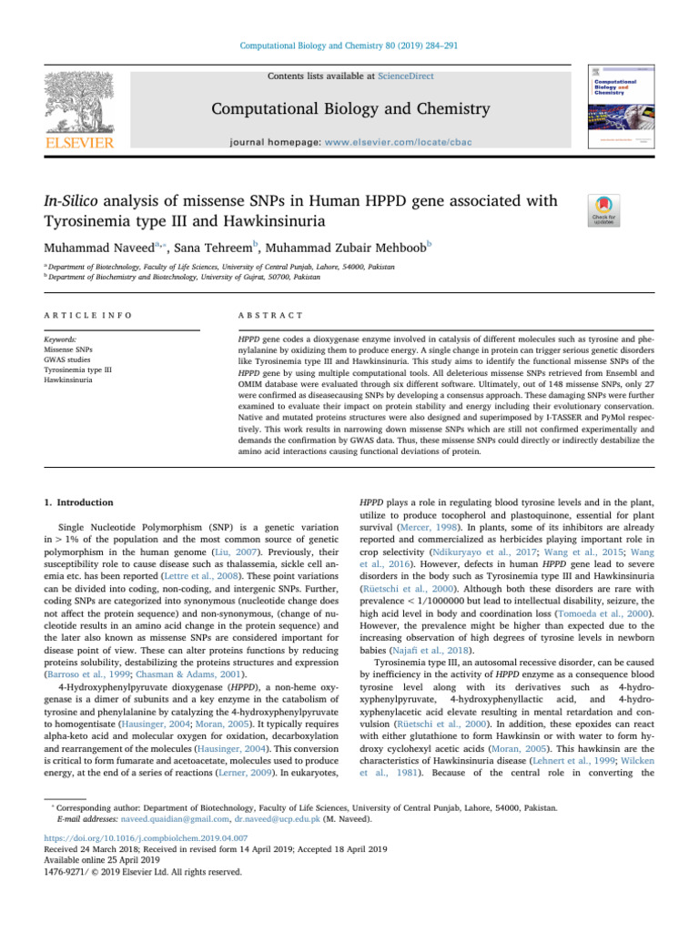 In-Silicoanalysis of Missense SNPs in Human HPPD Gene | PDF | Single ...