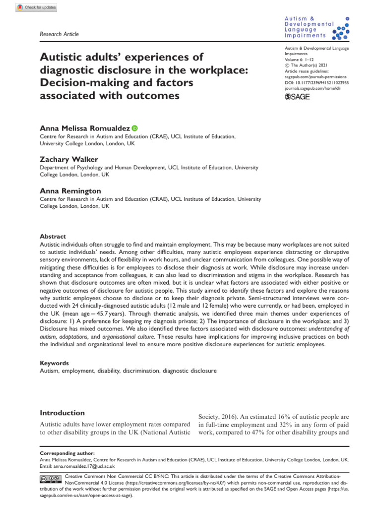 Autistic Adults Experiences of Diagnostic Disclosure in The Workplace ...