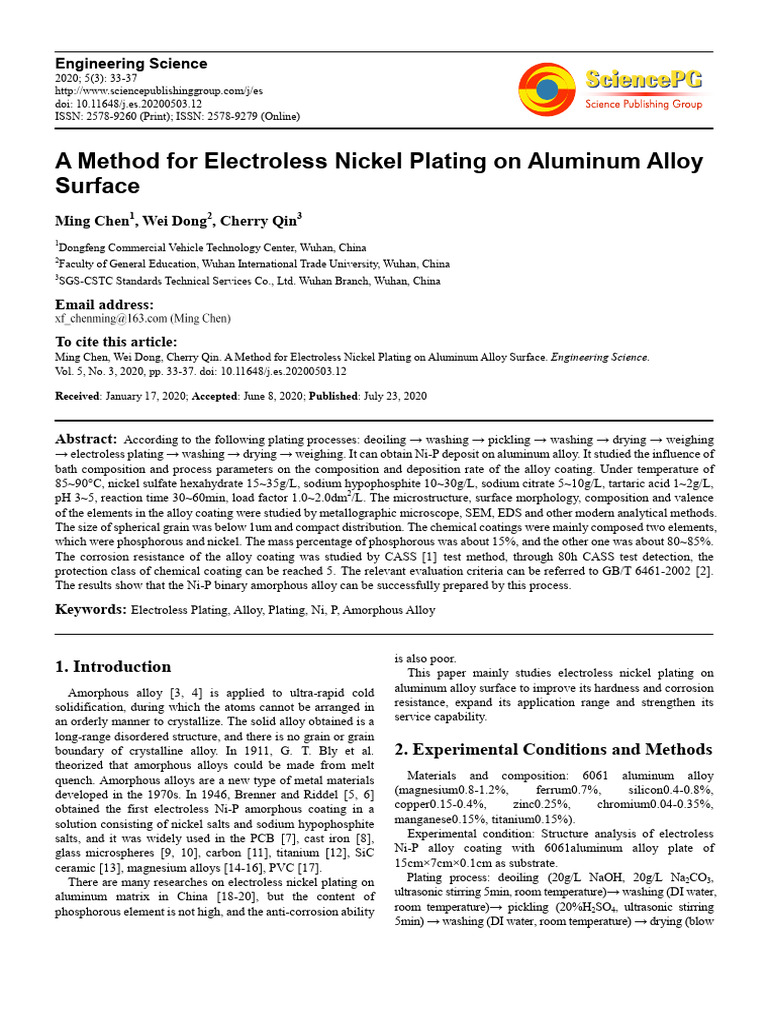 Electroless Nickel Plating Method for Aluminum | PDF | Nickel | Corrosion