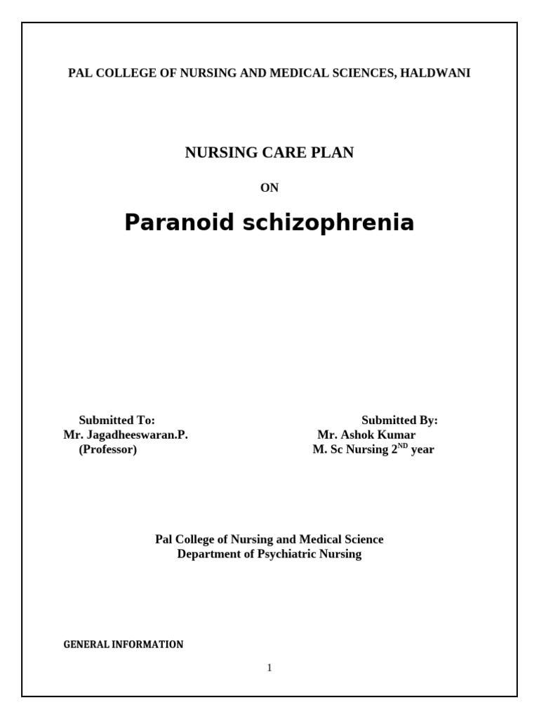 Nursing Care Plan for Paranoid Schizophrenia | PDF
