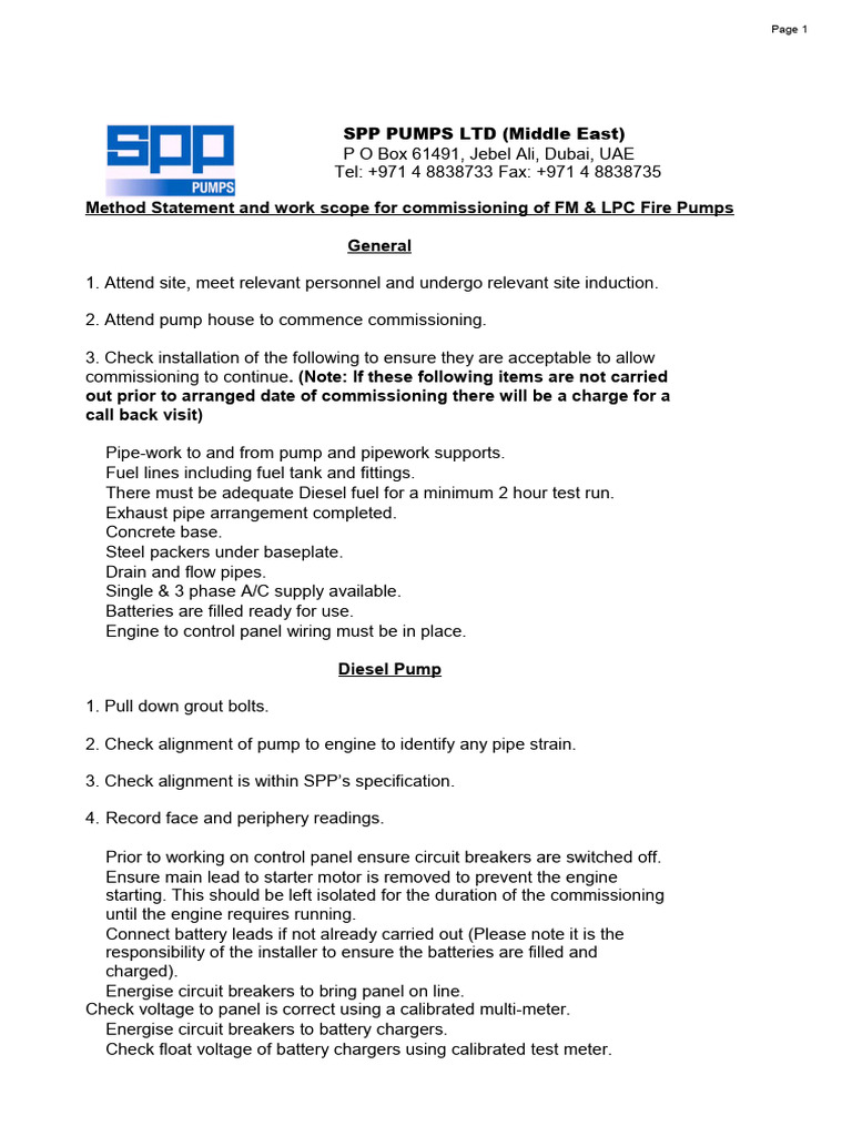 Fire Pump Commissioning Method Statement | PDF | Pump | Electrical Wiring