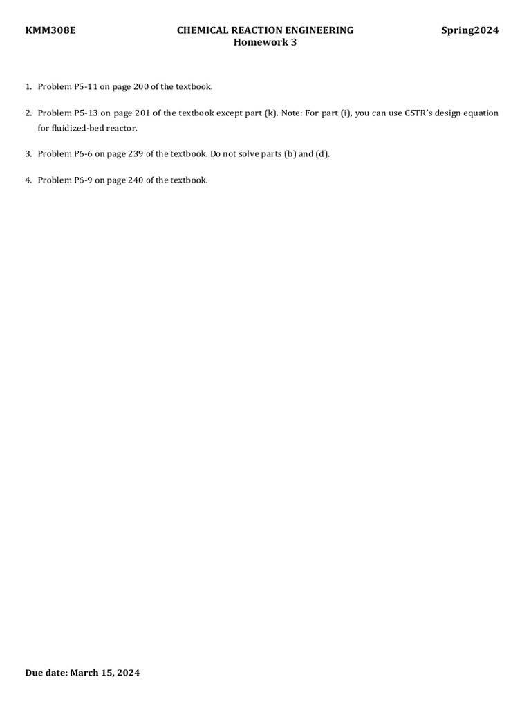 KMM308E Chemical Reaction Engineering Homework | PDF