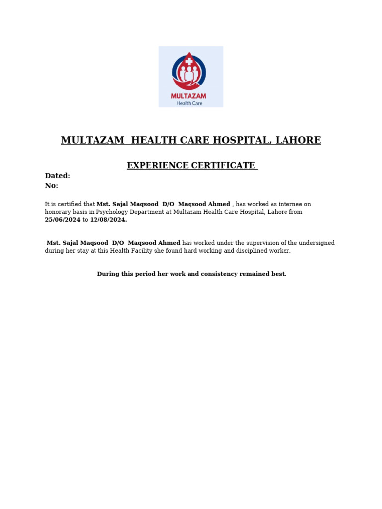Experience Certificate Sajal Maqsood | PDF