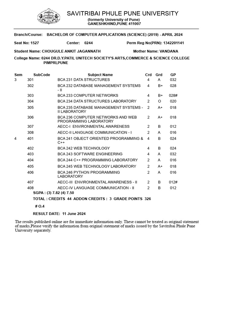 BCA April 2024 Results for Chougule Ankit | PDF | Software | Software ...