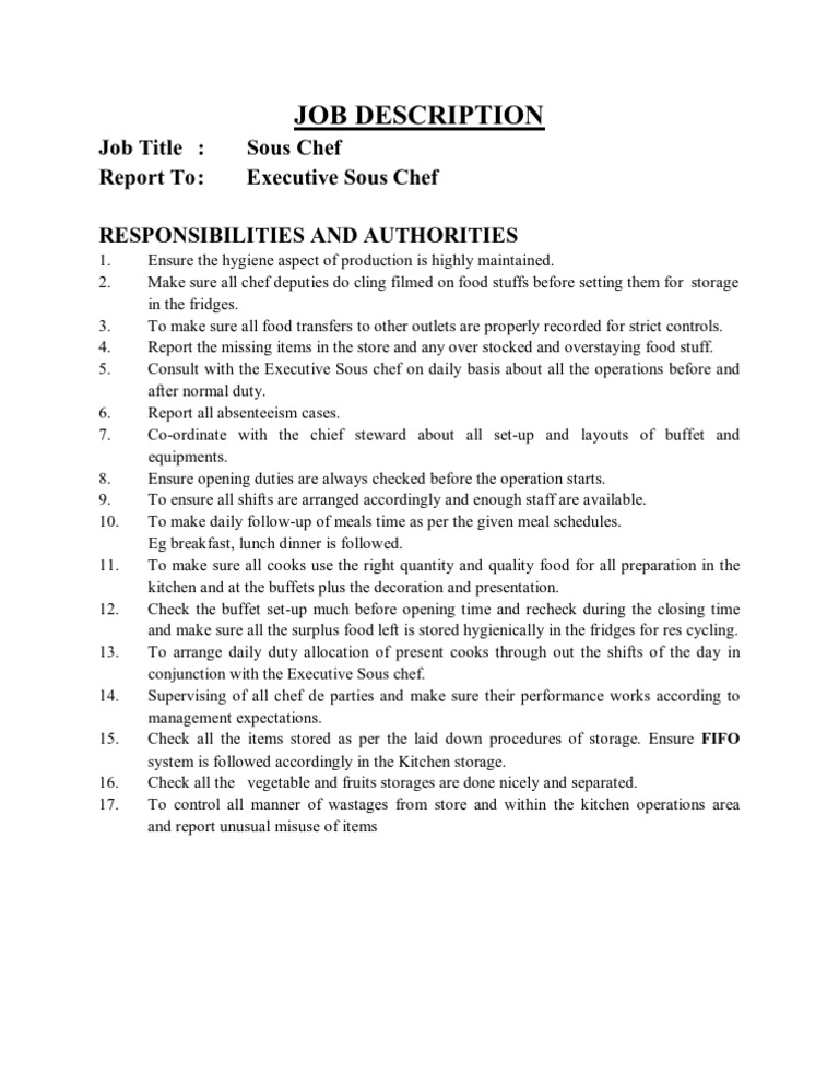 Job Description Sous Chef Pdf