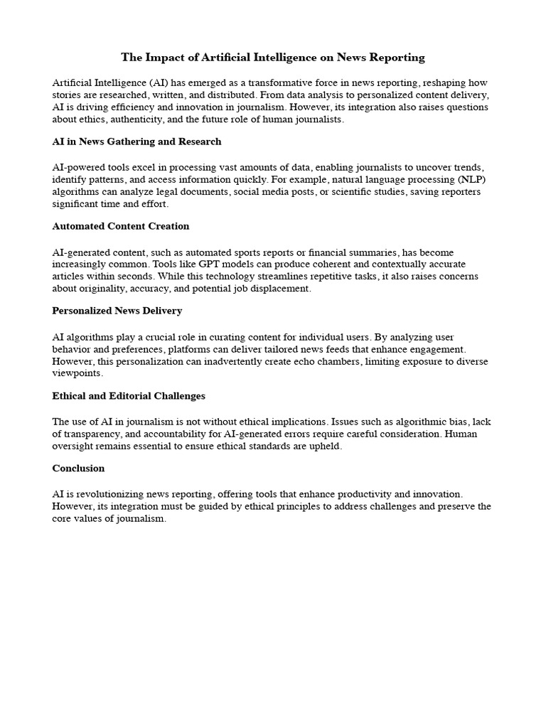 The Impact of Artificial Intelligence On News Reporting | PDF ...