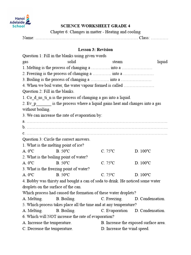 Grade 4 Science: Changes in Matter Worksheet | PDF | Water | Boiling