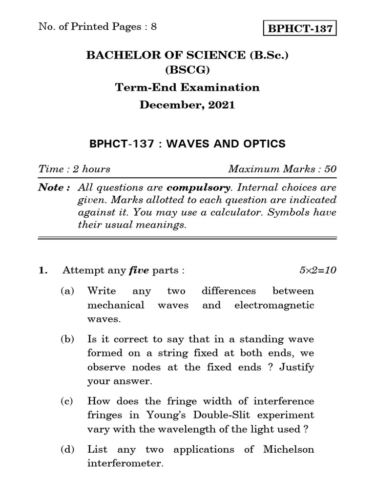 Waves and Optics Exam 2021 | PDF | Diffraction | Waves