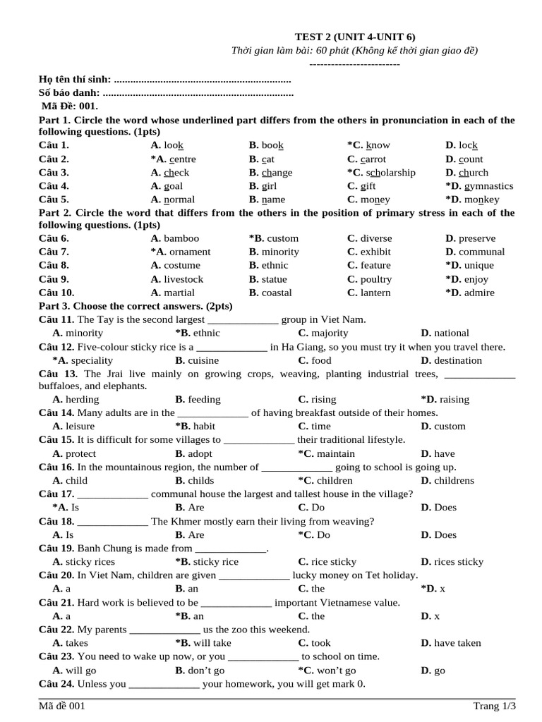 English Test: Units 4-6 Practice | PDF | Vietnam