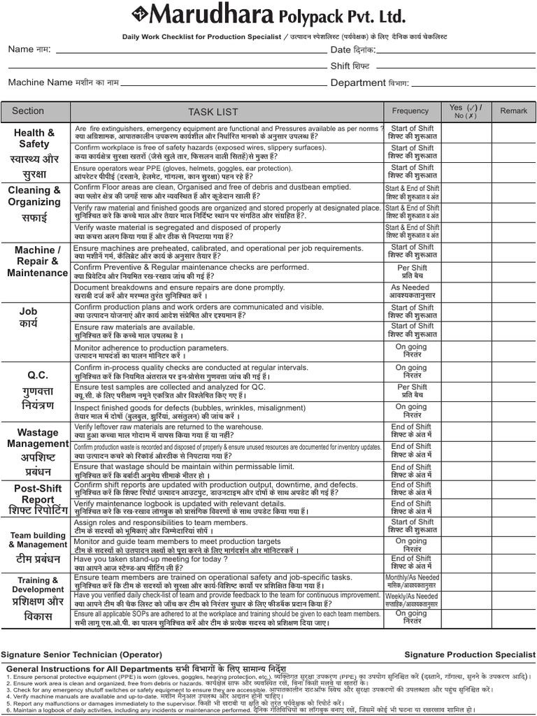Daily Production Safety Checklist | PDF | Personal Protective Equipment ...