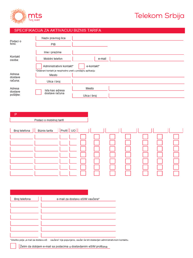 Biznis Tarife - Specifikacija | PDF