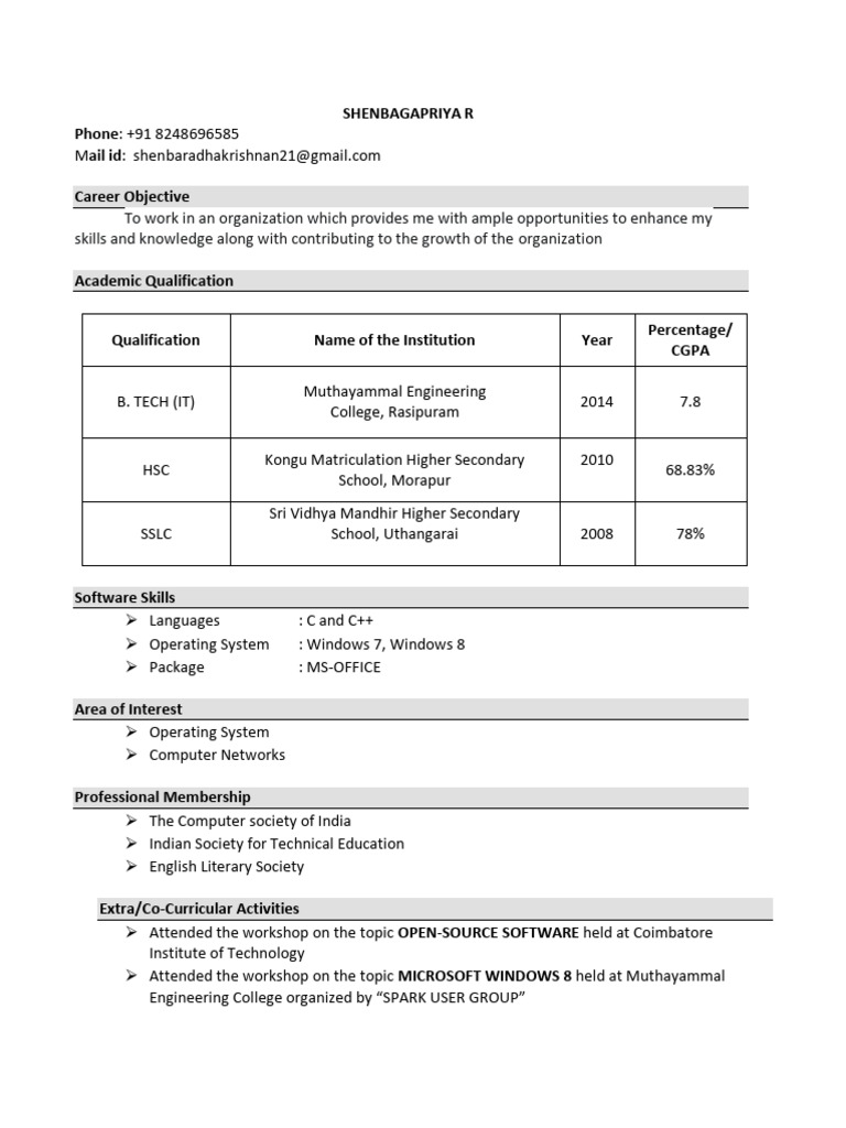 Resume of Shenbagapriya R - IT Graduate | PDF | Computing | Software