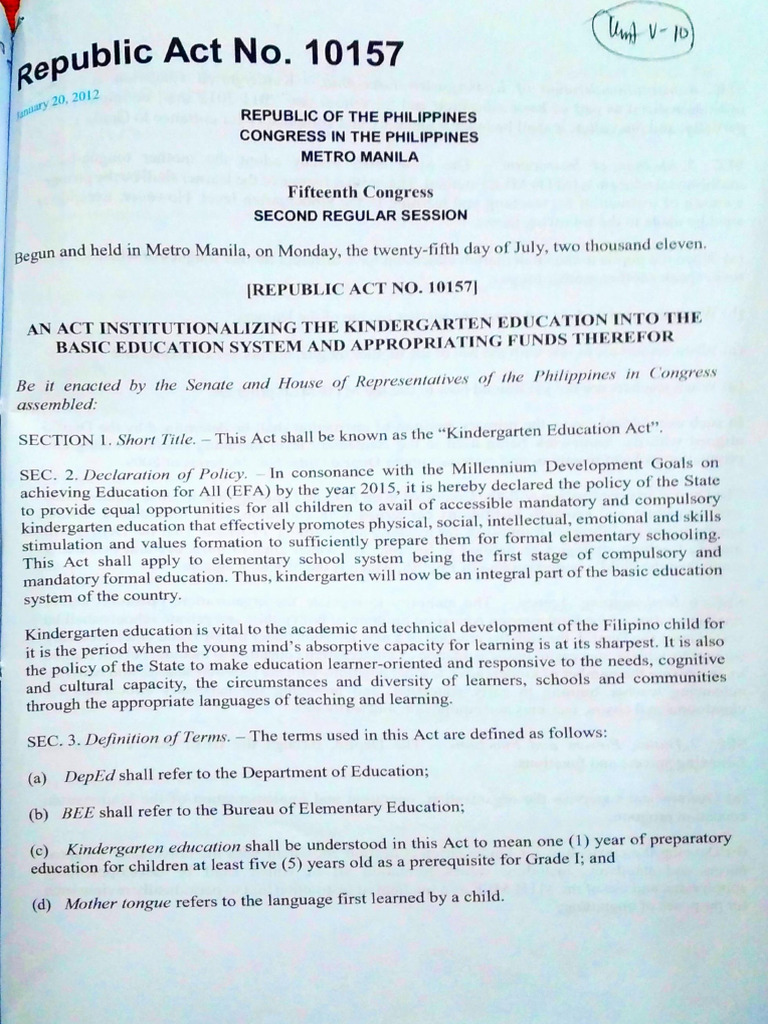 Kindergarten Education Act of 2012 | PDF | Teachers | Kindergarten