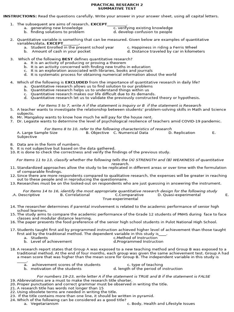 Quantitative Research Summative Test | PDF | Quantitative Research ...