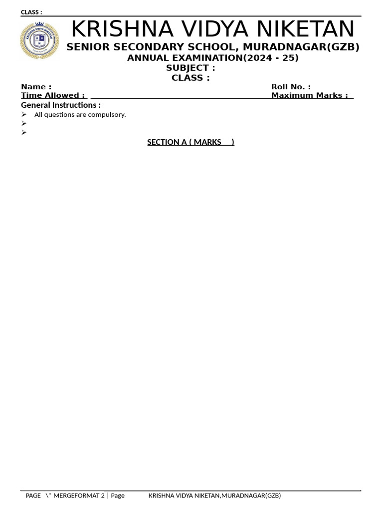 Krishna Vidya Niketan Exam 2024-25 | PDF