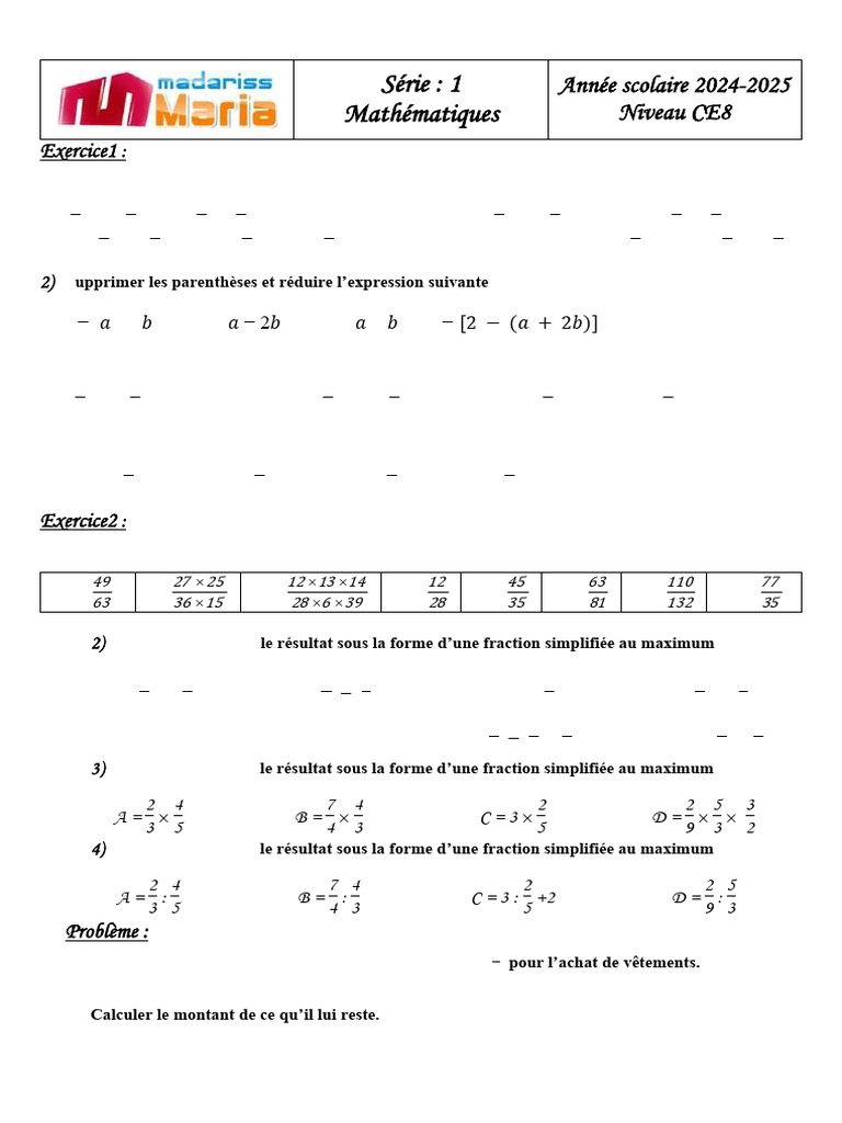 Devoirs de Maths CE8 - Année 2024-2025 | PDF