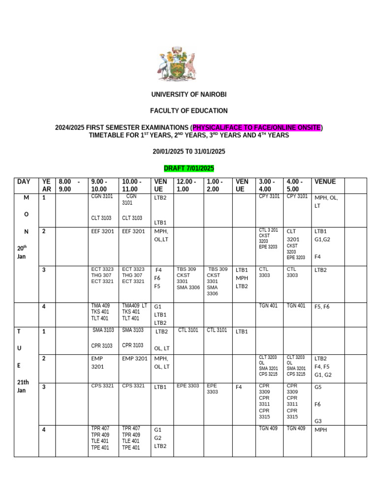 2025 First Semester Exam Timetable Pdf
