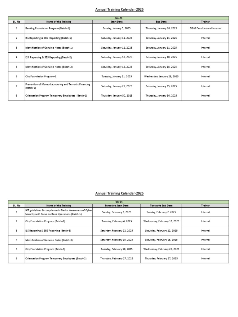 Annual Training Calendar 2025 PDF Terrorism Financing