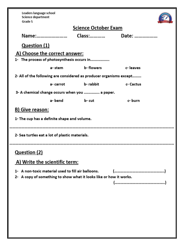 Grade 5 Science October Exam Paper | PDF