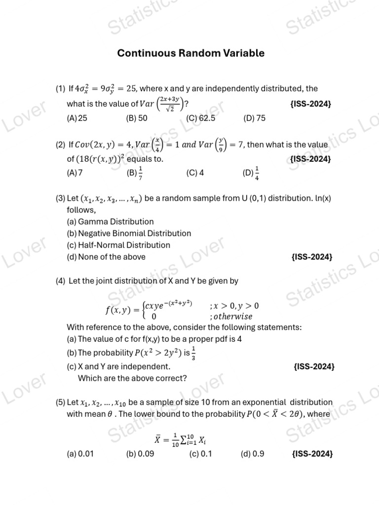 Continuous Random Variable Question Bank | PDF | Probability ...