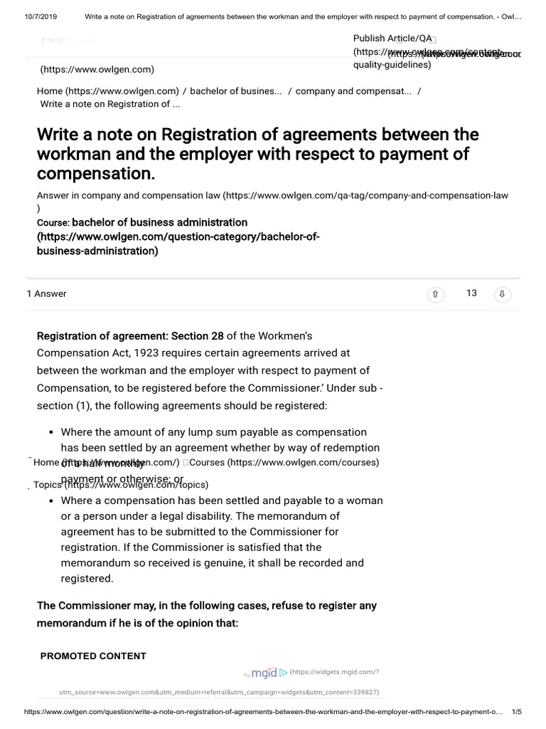 Write a Note on Registration of Agreements Between the Workman and the ...