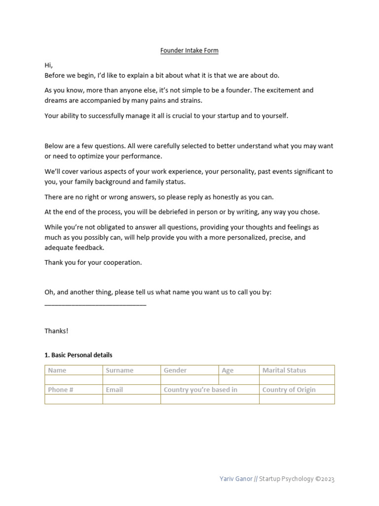 Founder Intake Form | PDF | Startup Company | Small Business ...