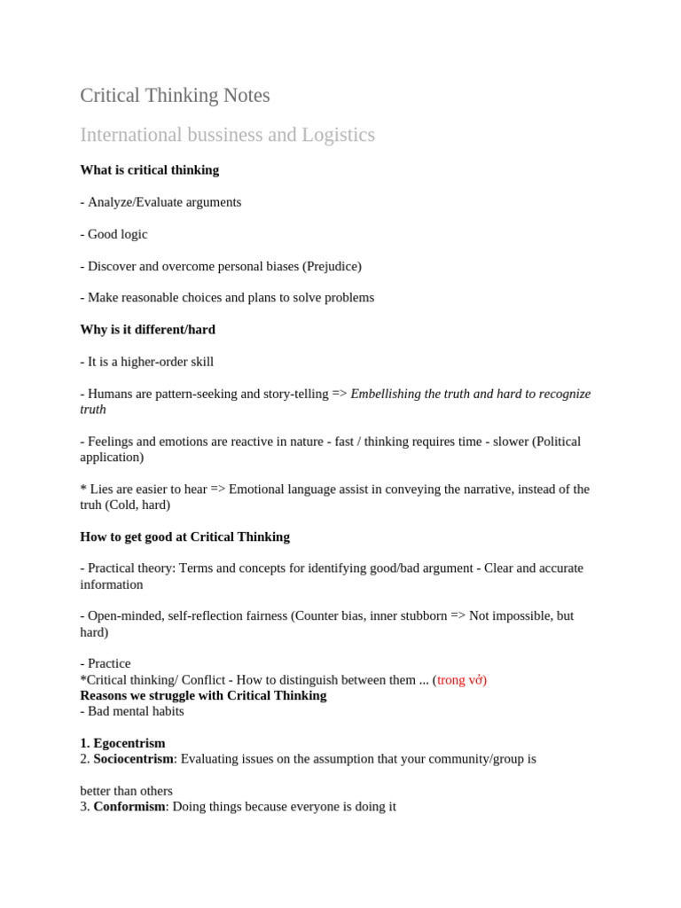 Critical Thinking Notes | PDF | Argument | Deductive Reasoning