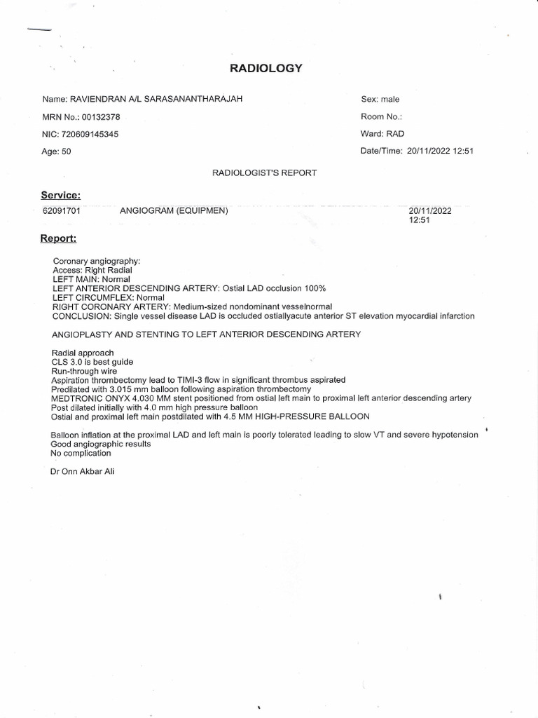 Coronary Angiography and Radiology Report | PDF | Angiography ...
