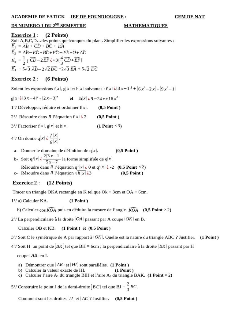 Épreuves de Maths BFEM 2025 Sénégal | PDF | Mathématiques ...