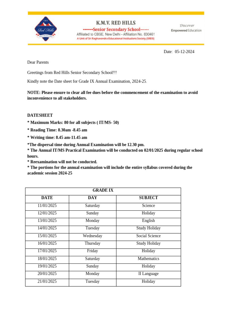 Grade IX Exam Schedule 2024-25 | PDF | Area