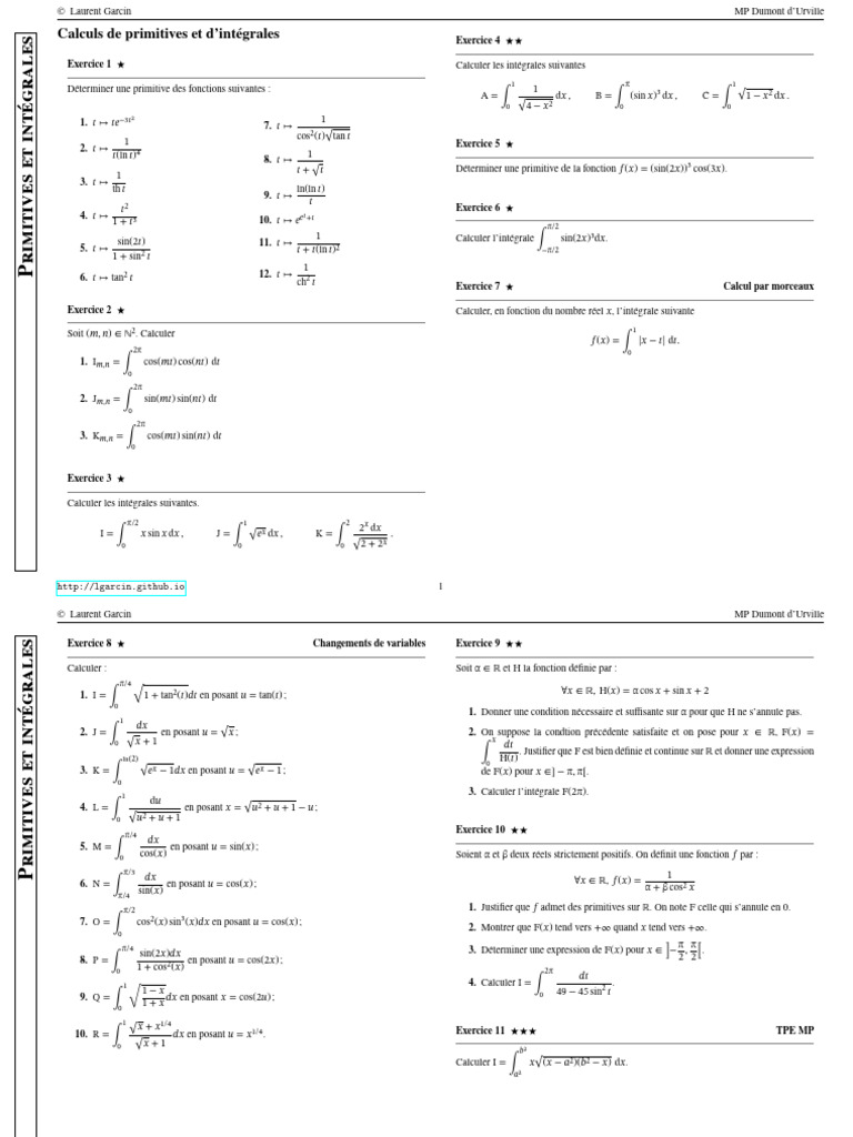 Primitives et Intégrales : Exercices et Solutions | PDF | Intégral ...